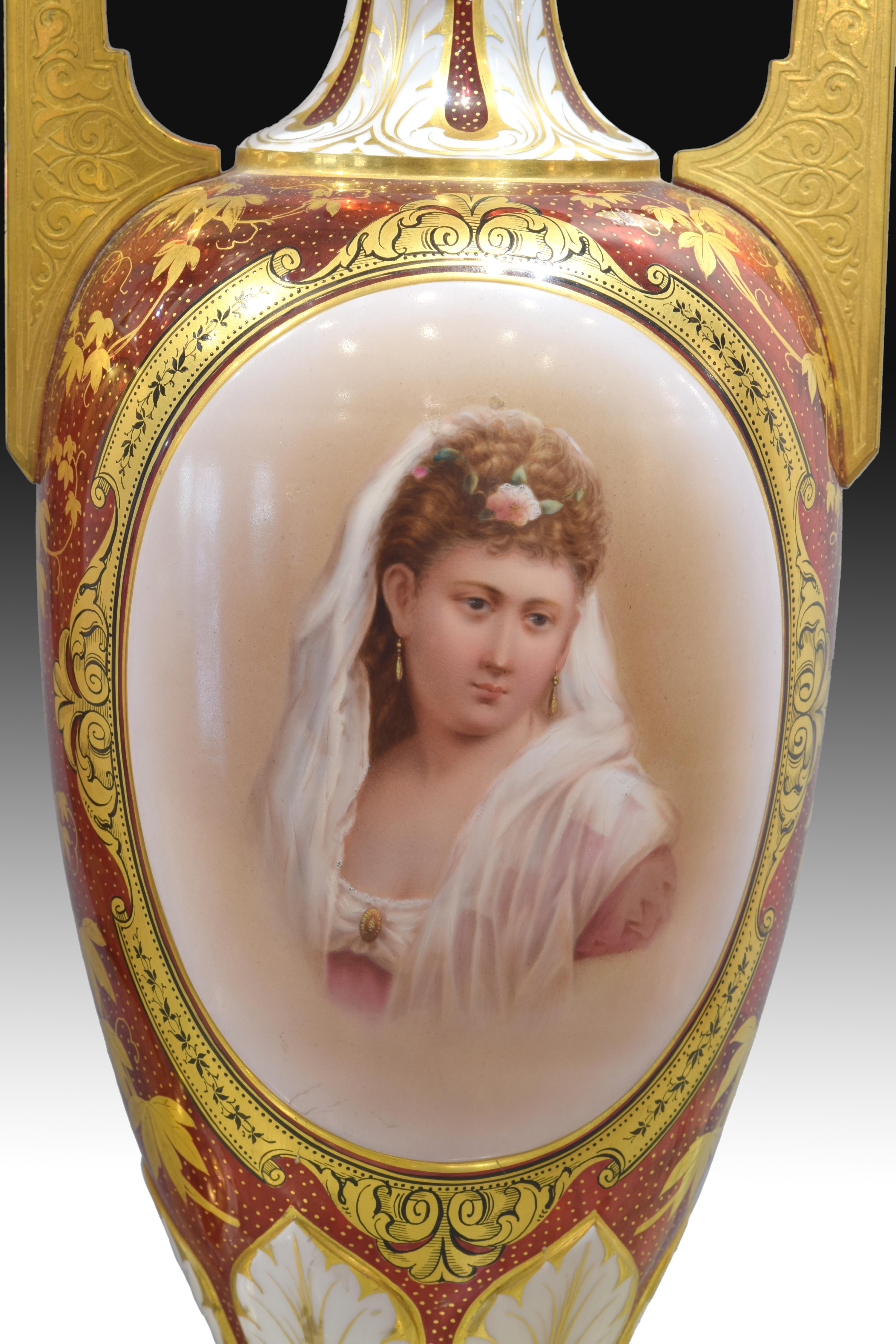 Czech Pair of Ruby Red Glass Urns with Portraits, Bohemia, 19th Century For Sale