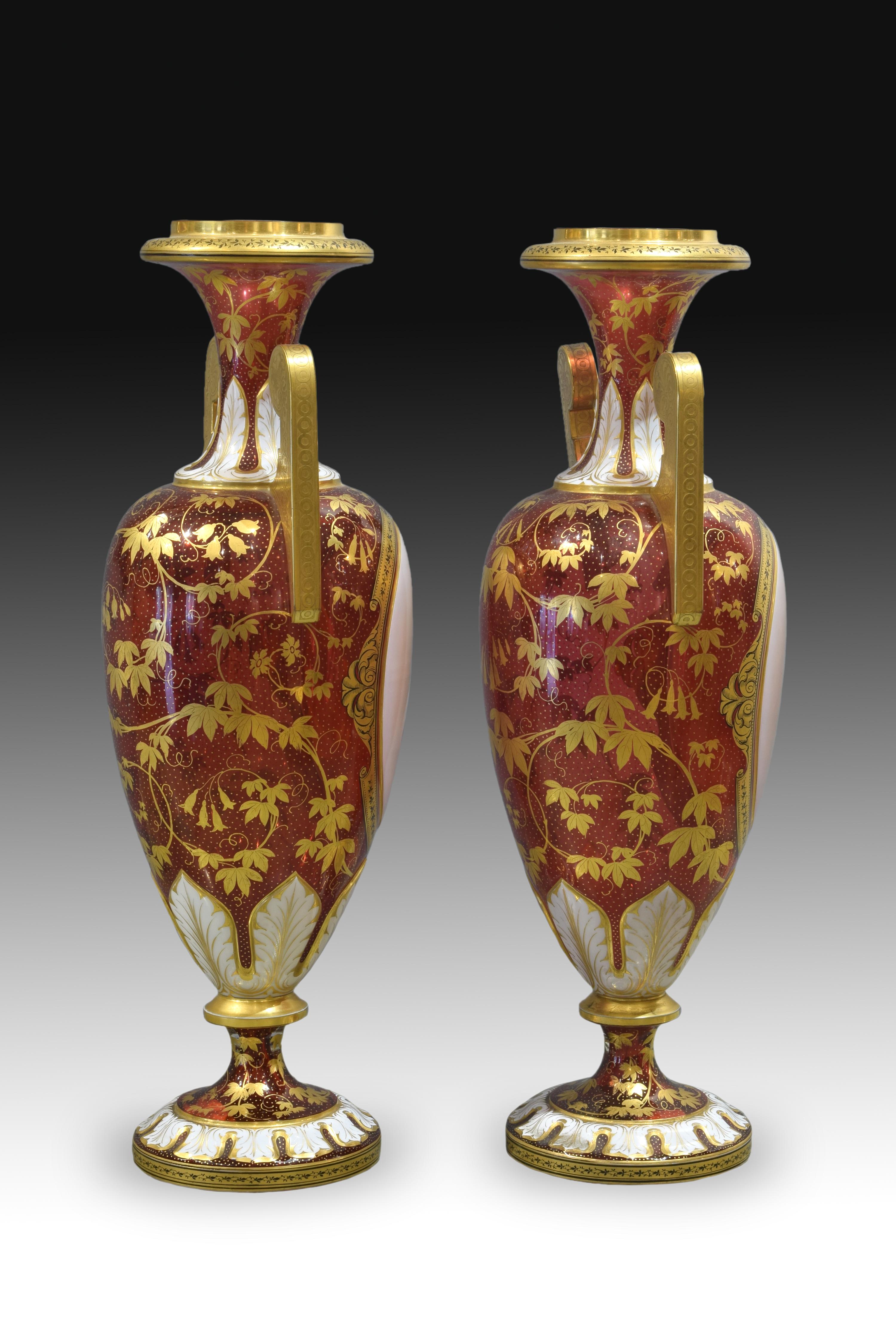 Pair of Ruby Red Glass Urns with Portraits, Bohemia, 19th Century 3