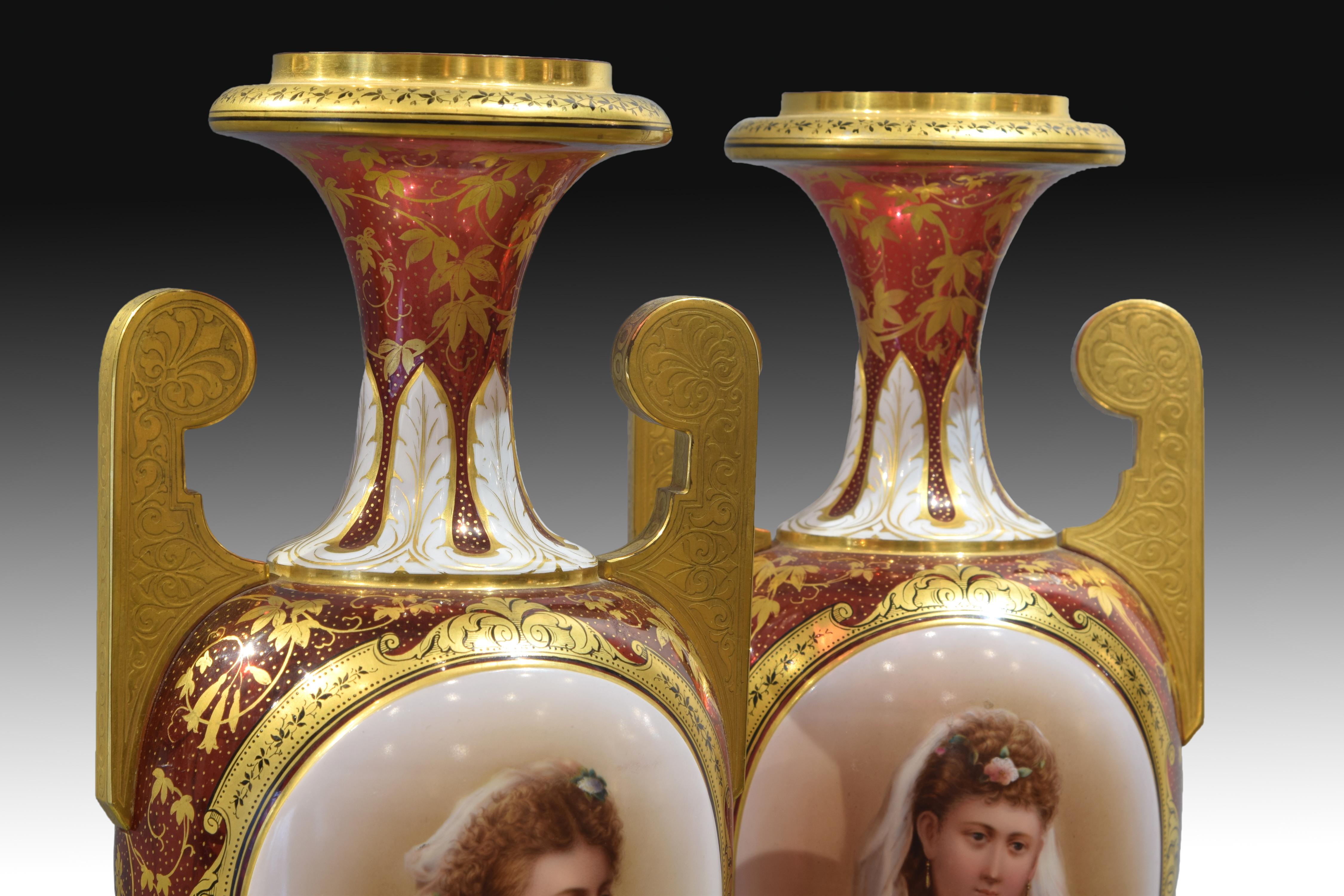 Pair of Ruby Red Glass Urns with Portraits, Bohemia, 19th Century 4