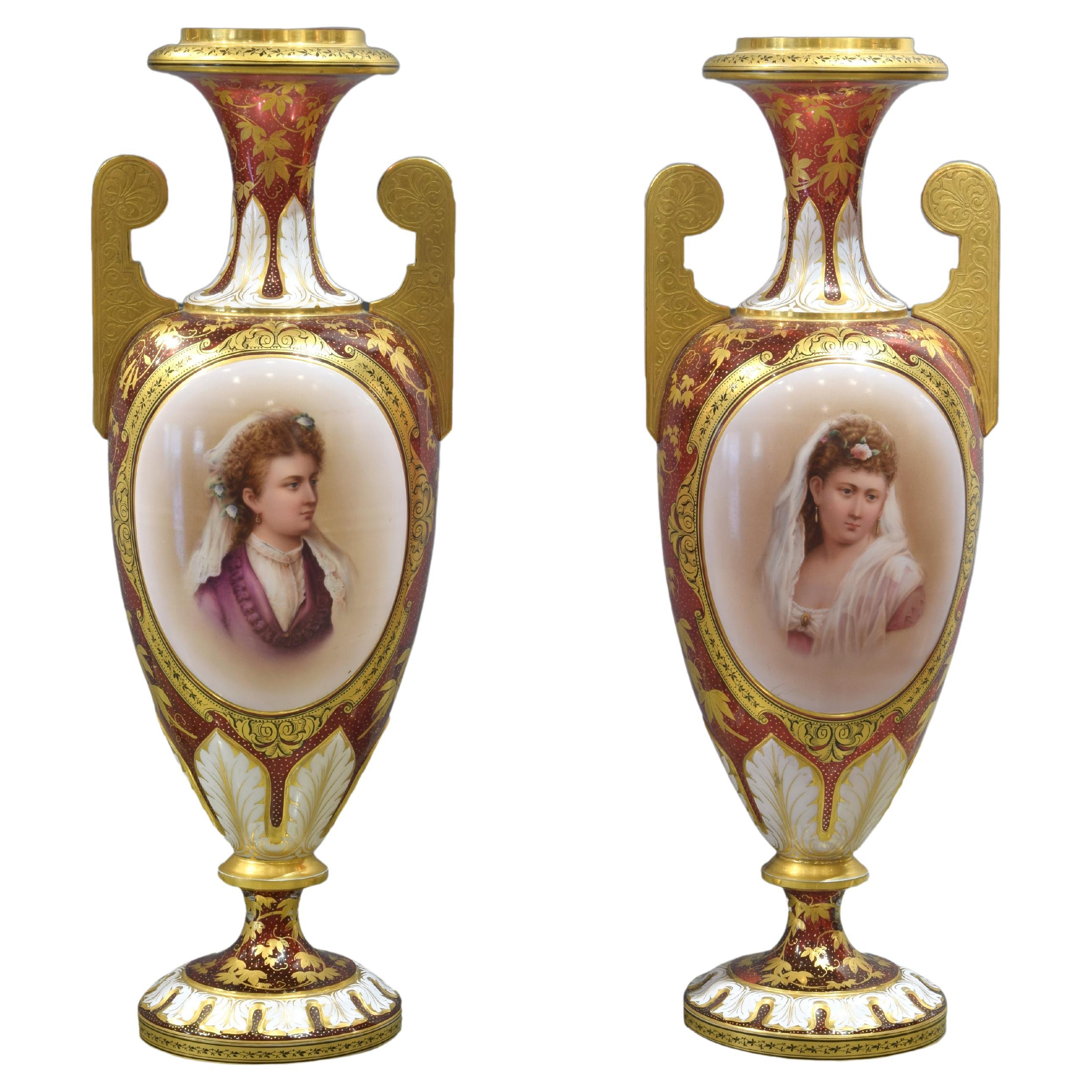 Pair of Ruby Red Glass Urns with Portraits, Bohemia, 19th Century For Sale