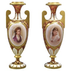 Antique Pair of Ruby Red Glass Urns with Portraits, Bohemia, 19th Century