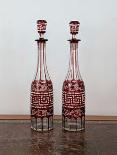 Pair of Ruby-Stained Bohemian Cut Crystal Decanters, 1890s
