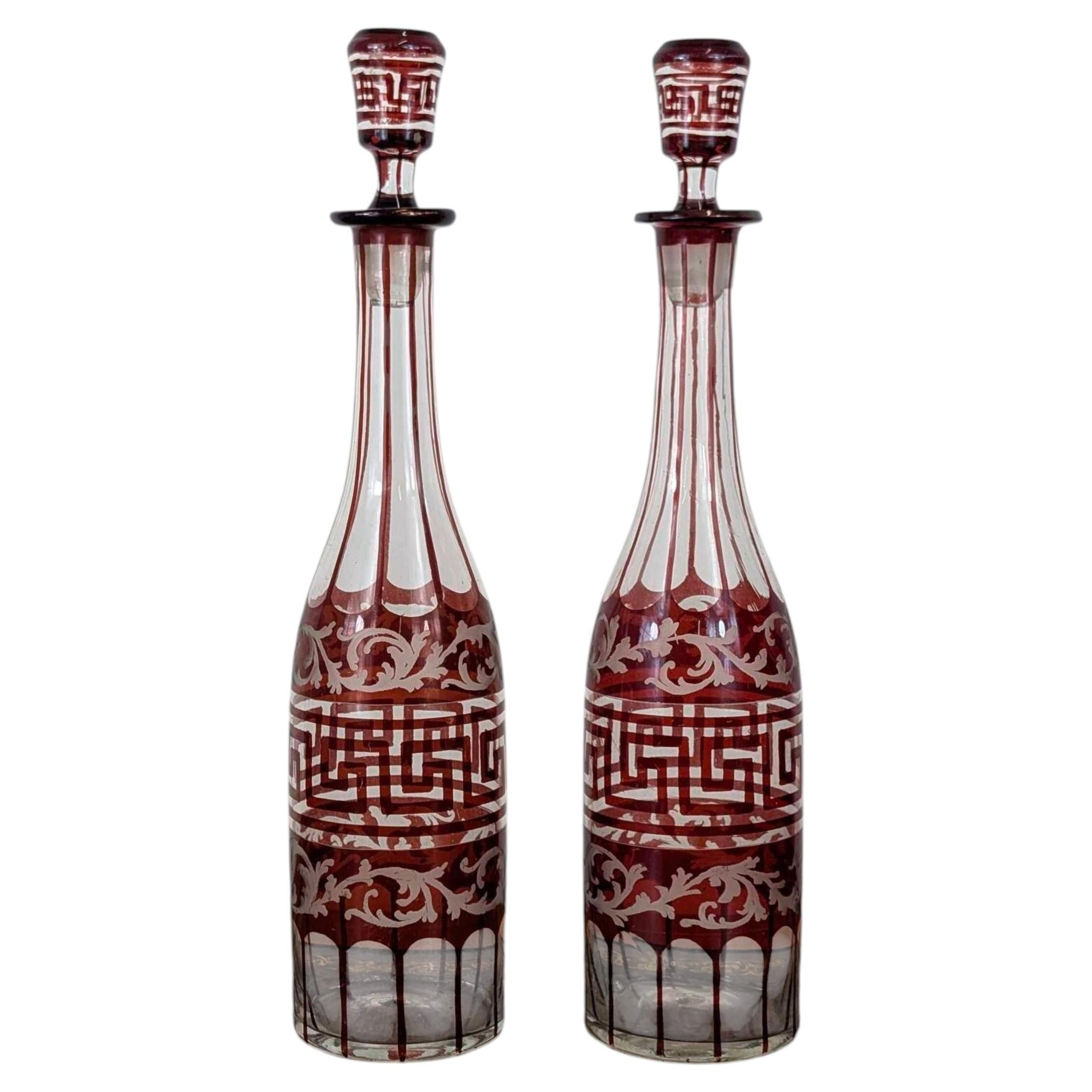 Pair of Ruby-Stained Bohemian Cut Crystal Decanters, 1890s