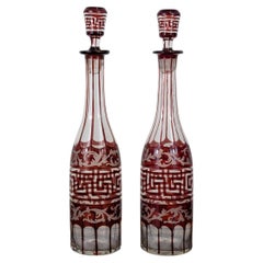 Pair of Ruby-Stained Bohemian Cut Crystal Decanters, 1890s