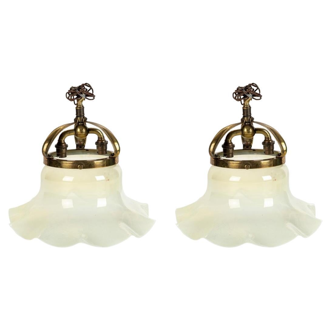 Pair of Ruffled Shaded Glass and Brass Fixtures For Sale