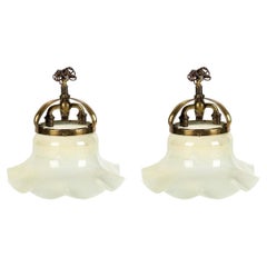 Antique Pair of Ruffled Shaded Glass and Brass Fixtures