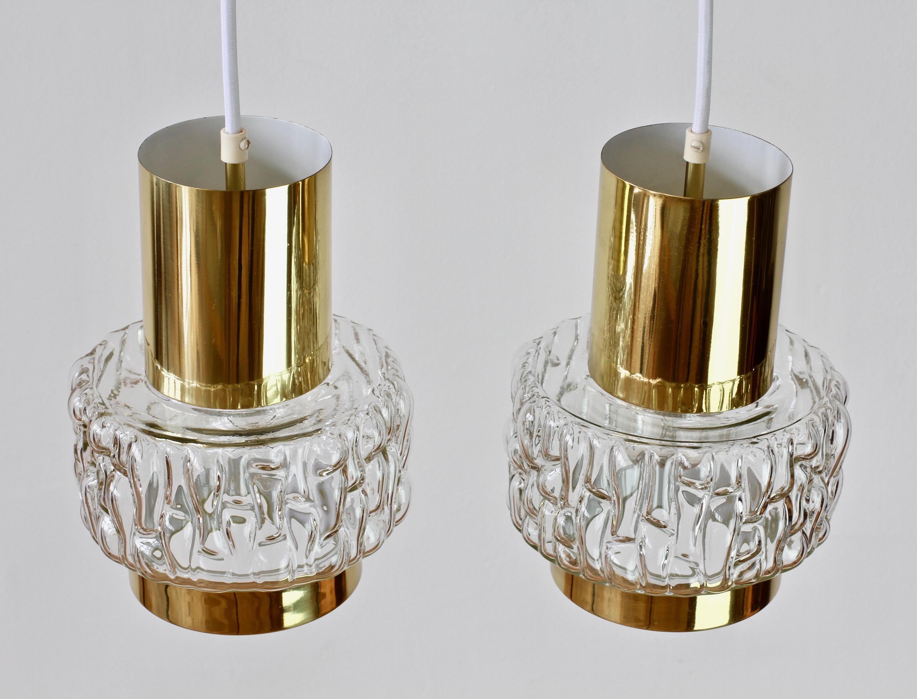 Rupert Nikoll Rare Pair of Austrian Brass & Textured Glass Pendant Lights Lamps For Sale 4