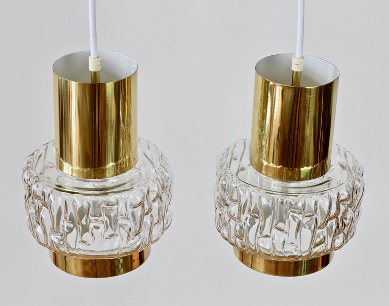 Rupert Nikoll Rare Pair of Austrian Brass & Textured Glass Pendant Lights Lamps For Sale 5