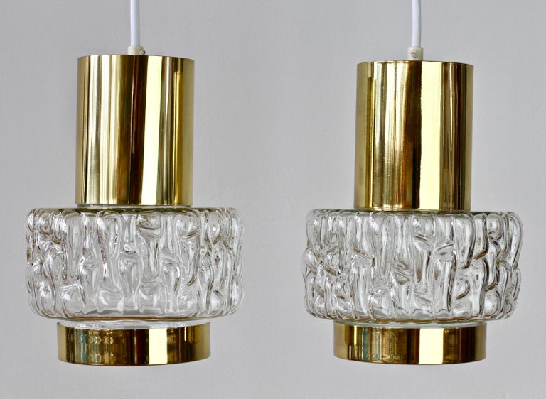Rupert Nikoll Rare Pair of Austrian Brass & Textured Glass Pendant Lights Lamps For Sale 8