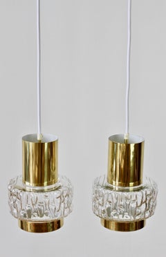 Rupert Nikoll Rare Pair of Austrian Brass & Textured Glass Pendant Lights Lamps