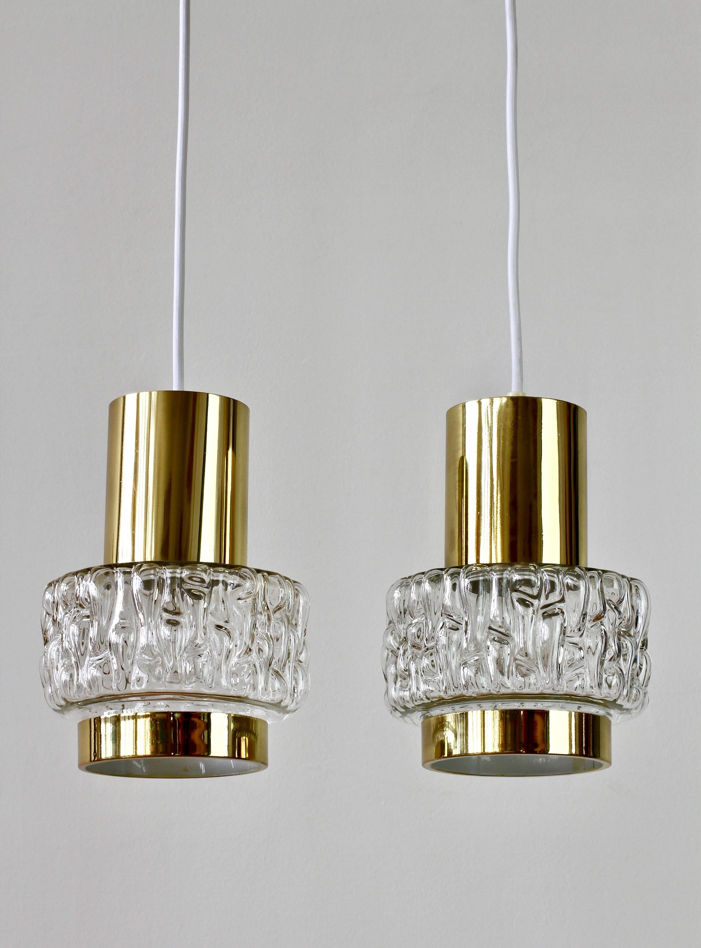 German Rupert Nikoll Rare Pair of Austrian Brass & Textured Glass Pendant Lights Lamps For Sale