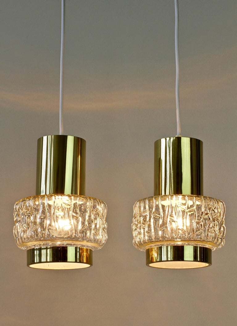 Molded Rupert Nikoll Rare Pair of Austrian Brass & Textured Glass Pendant Lights Lamps For Sale