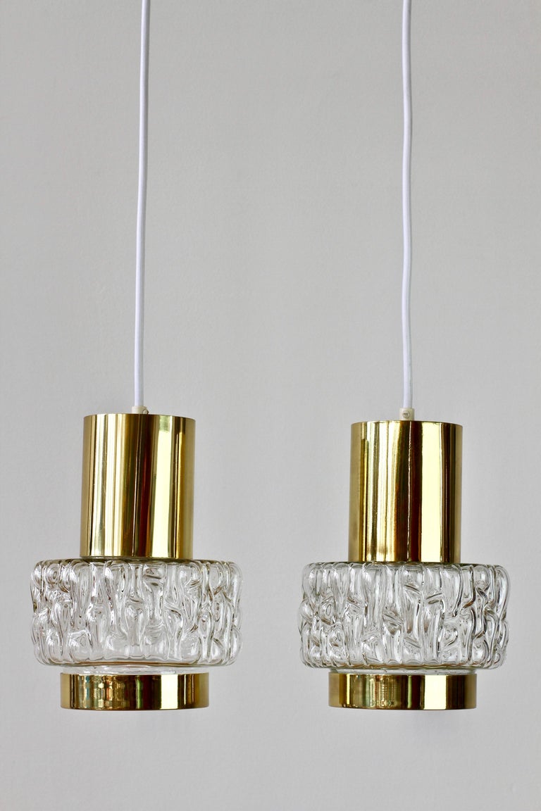 20th Century Rupert Nikoll Rare Pair of Austrian Brass & Textured Glass Pendant Lights Lamps For Sale