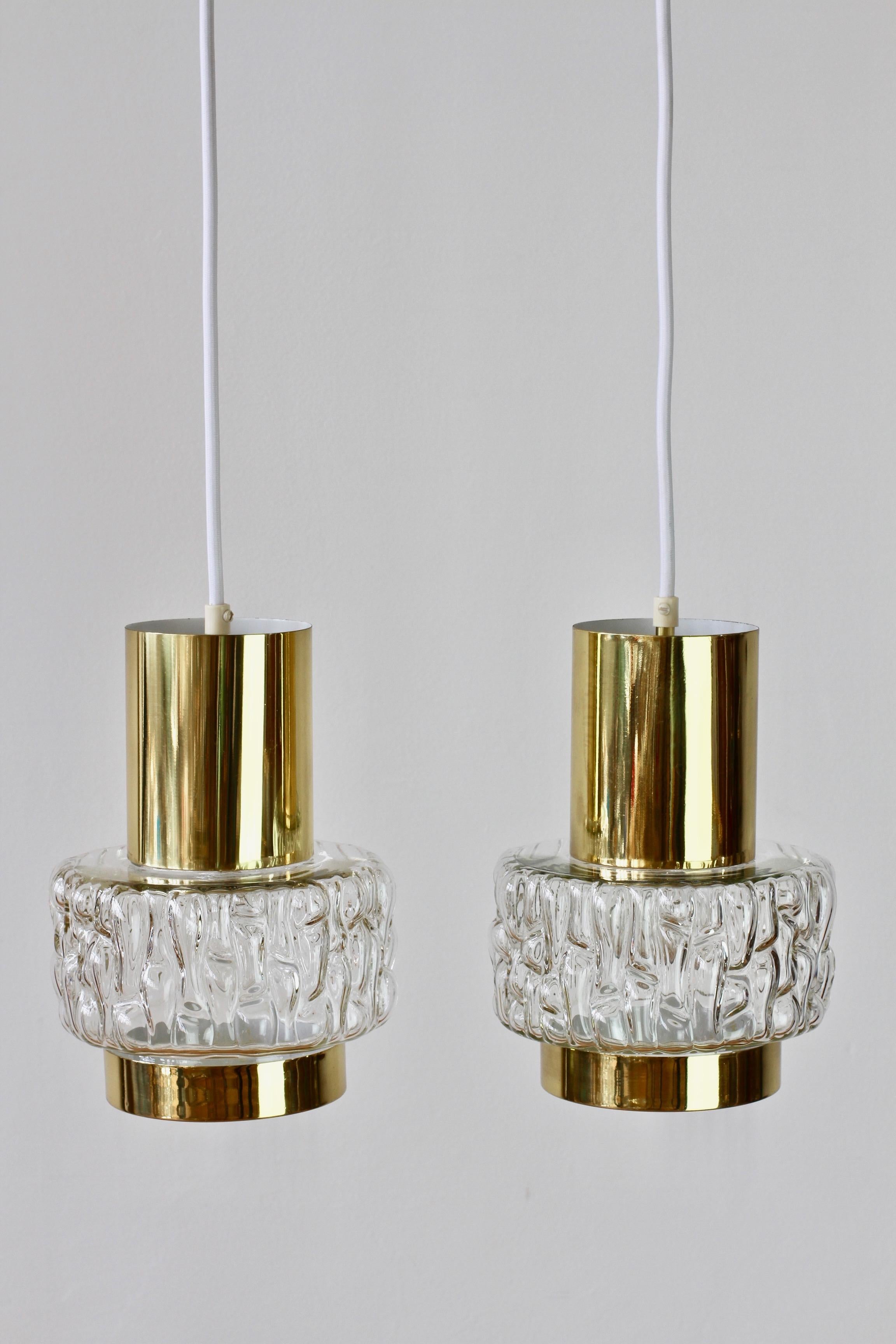 Metal Rupert Nikoll Rare Pair of Austrian Brass & Textured Glass Pendant Lights Lamps For Sale