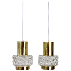 Rupert Nikoll Rare Pair of Austrian Brass & Textured Glass Pendant Lights Lamps