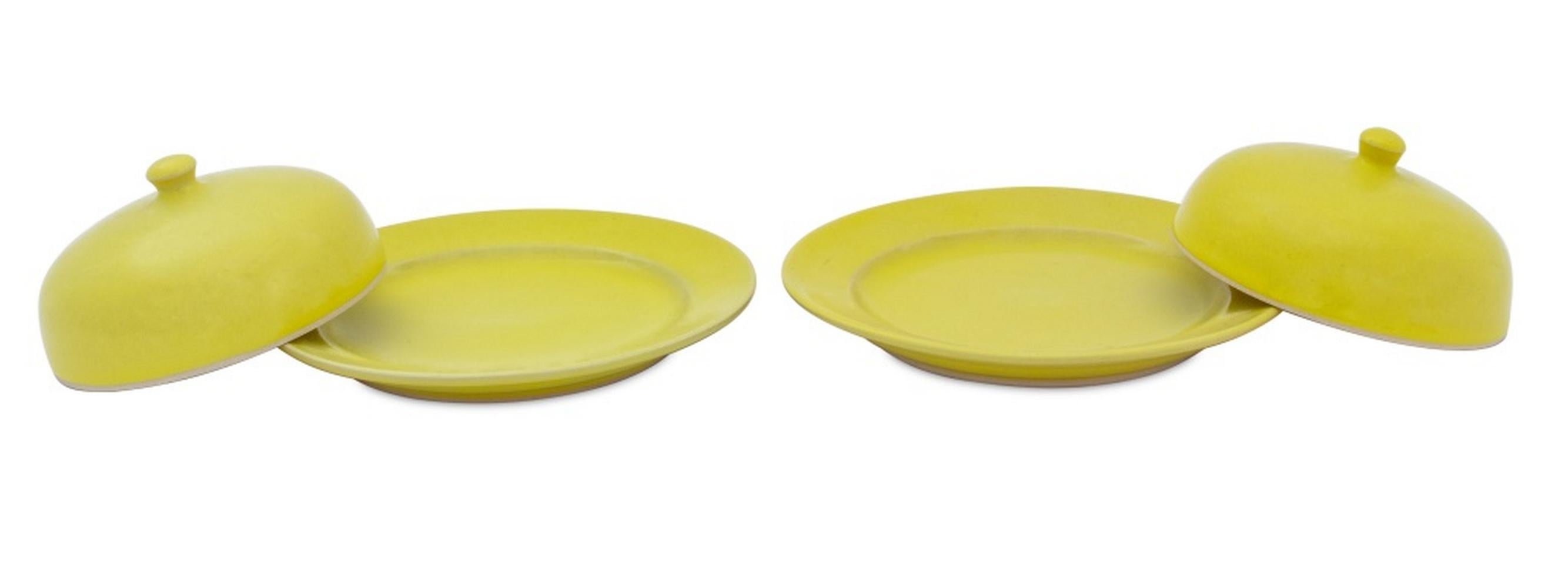 Rupert Spira (English, b. 1960) Pair of Yellow Glazed Stoneware Covered Butter Dishes, marked 
