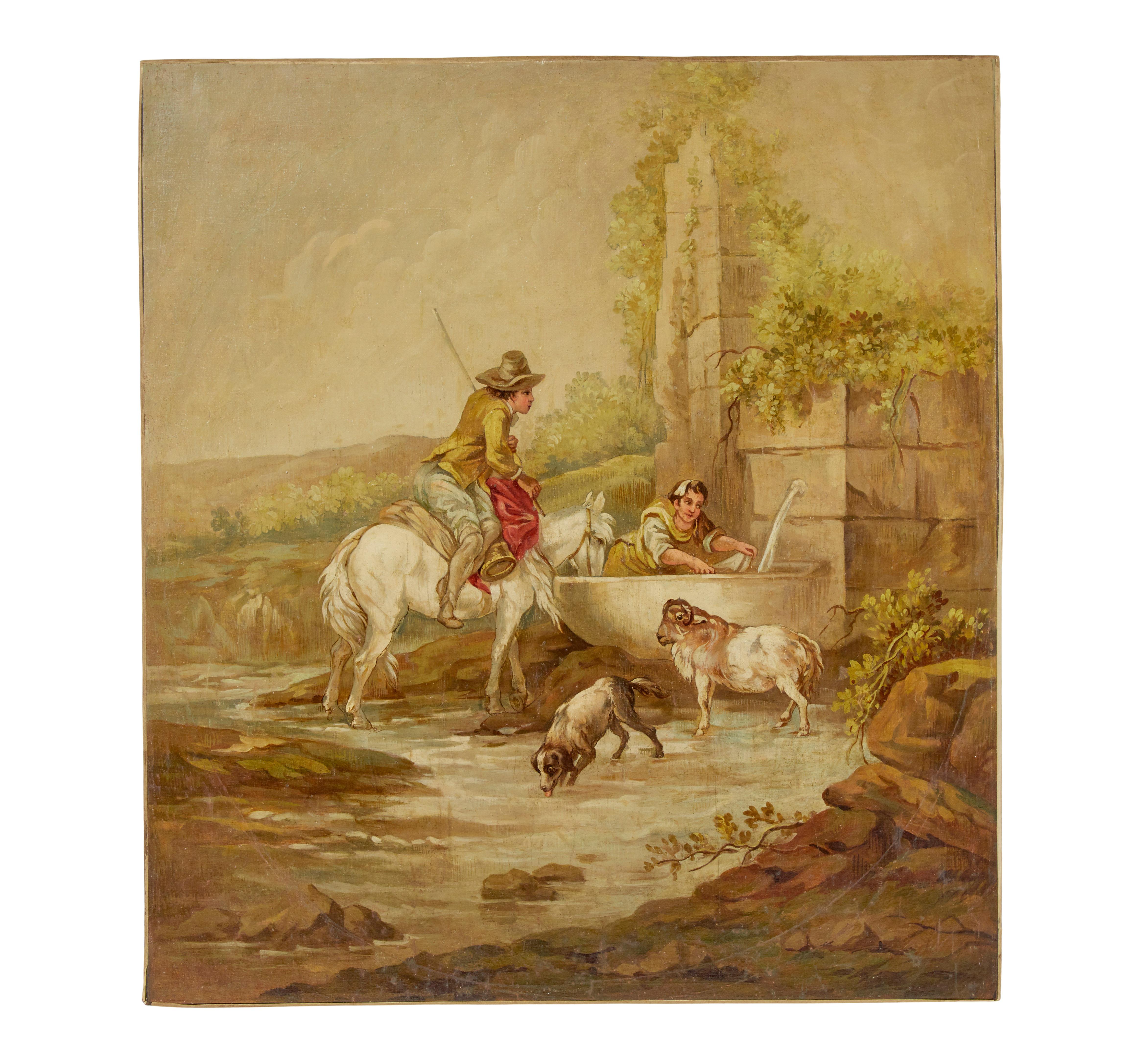 Paar ländliche Gemälde in Öl auf Leinwand aus dem späten 19. Jahrhundert, 1895.

Zwei ungerahmte und unsignierte Gemälde, die möglicherweise spanischen Ursprungs sind.

Öl auf Leinwand, dekorative Gegenstände von guter Qualität.