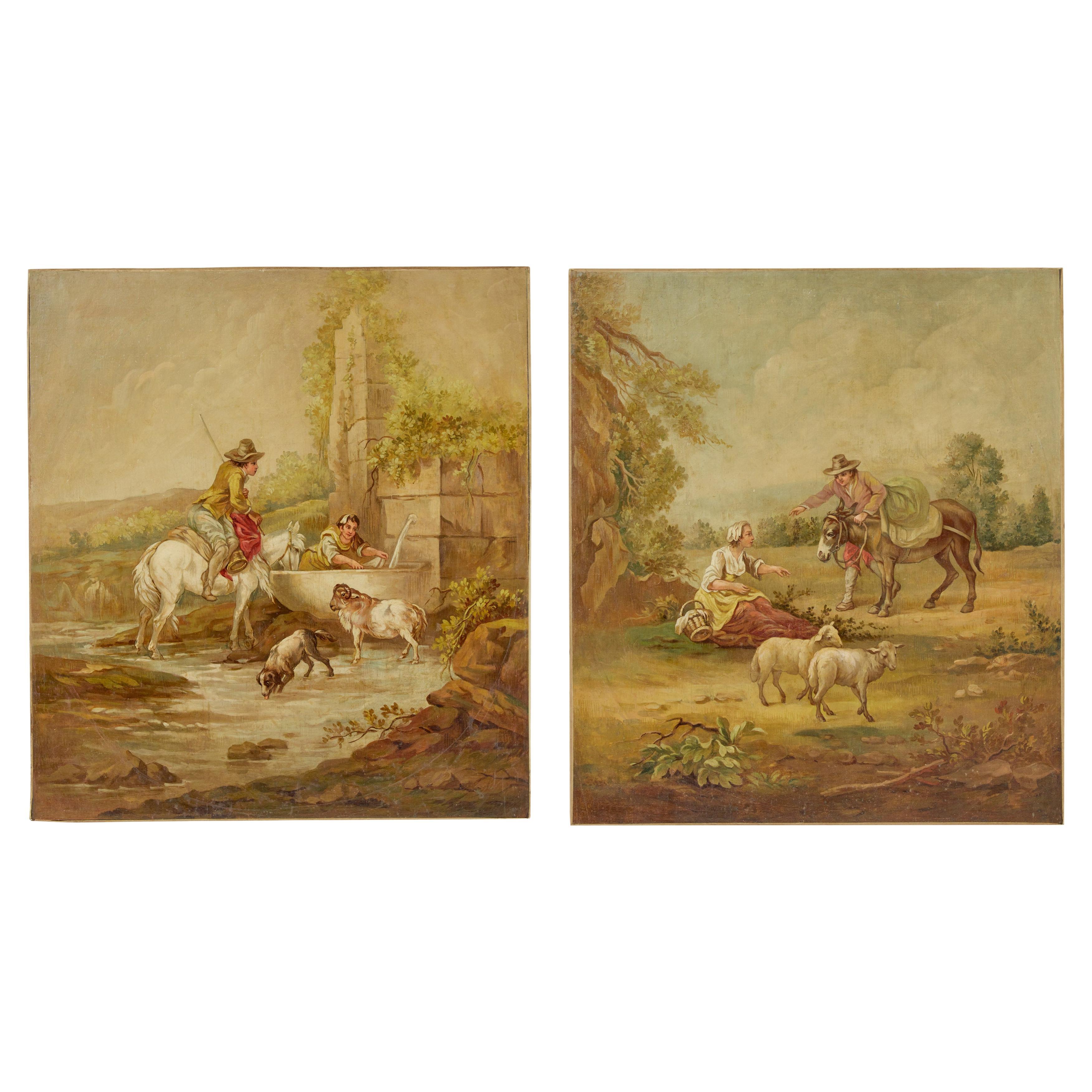 Pair of rural late 19th century oil on canvas paintings For Sale