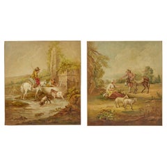 Antique Pair of rural late 19th century oil on canvas paintings
