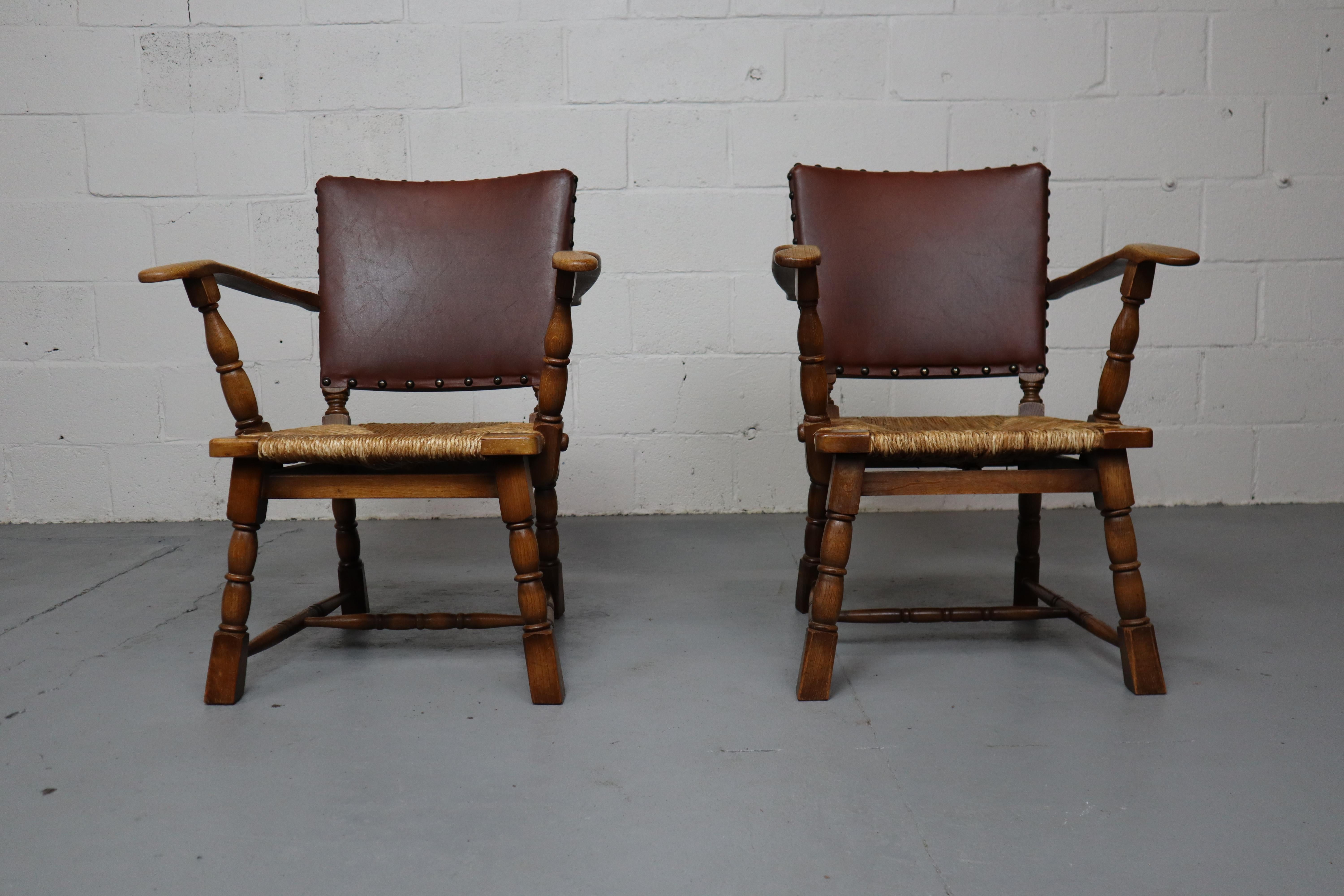 Pair of rush and oak armchairs by De Ster Gelderland, Netherlands 1950's. For Sale 5