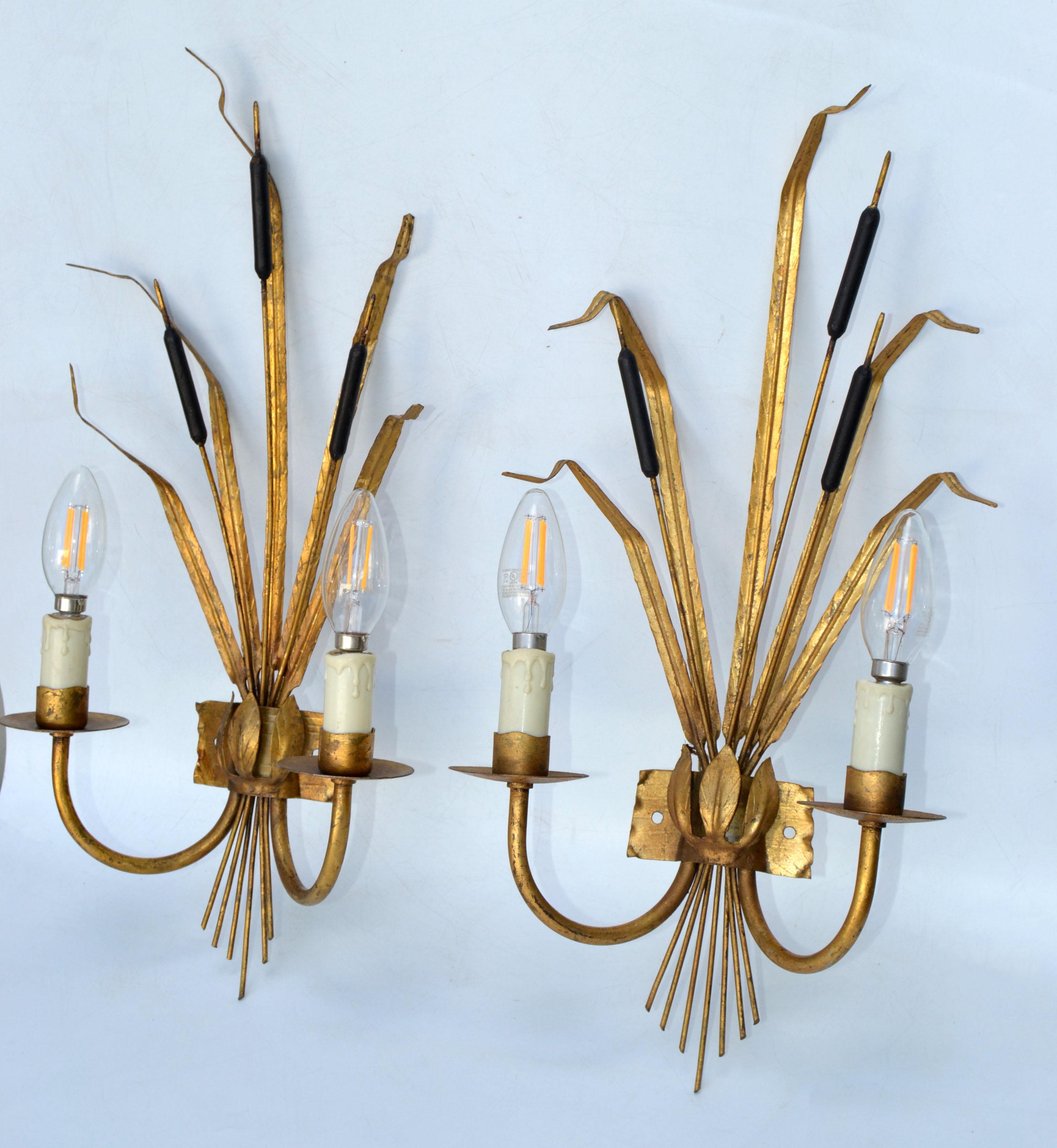 Superb pair of Ferrocolor sconces.
2 lights, 60 watts max bulb 
US rewired and in working condition 
Back plate 3.75 long x 2 inches high.
Projection from the wall: 4.25 inches.
We have 2 Pair available and a single Sconce.
Priced by Pair.

 