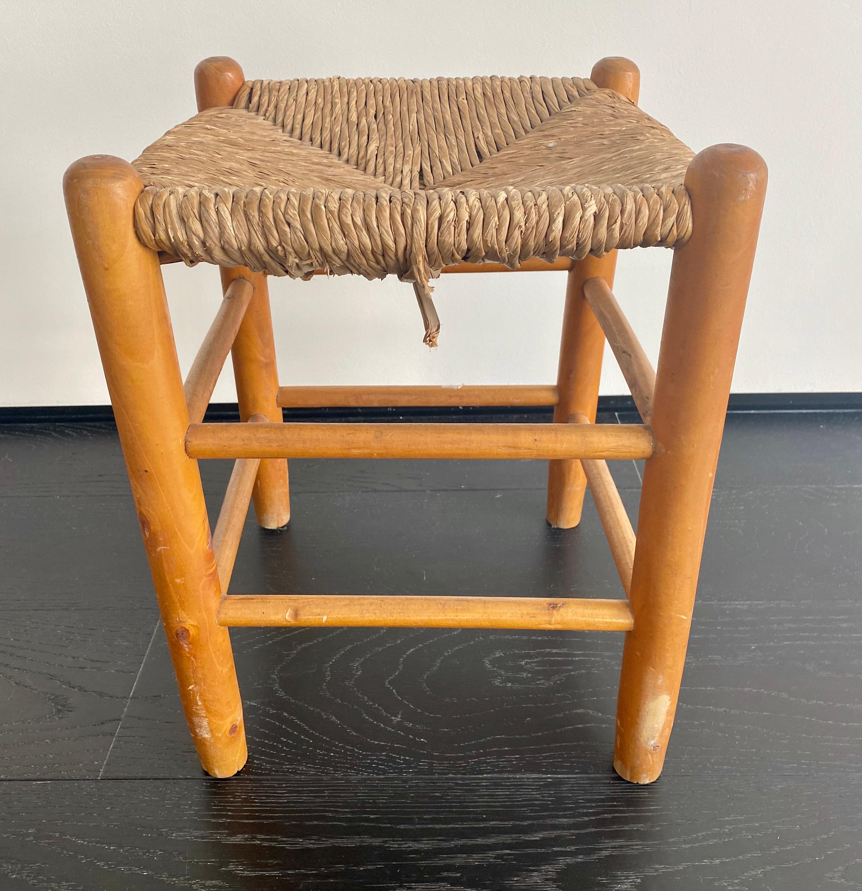 Modern Pair of Wood and Straw Stools by Charlotte Perriand For Sale