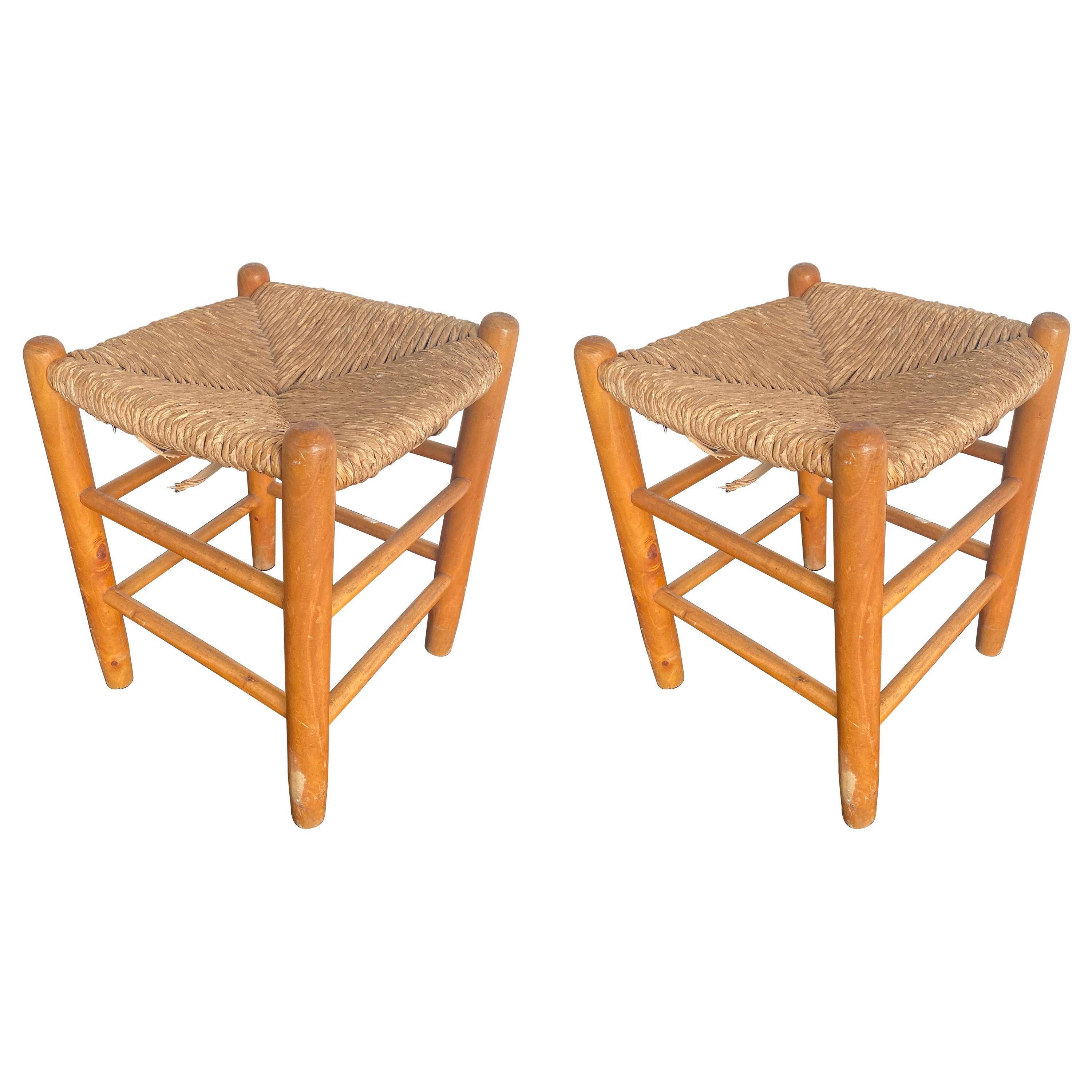 Pair of Wood and Straw Stools by Charlotte Perriand