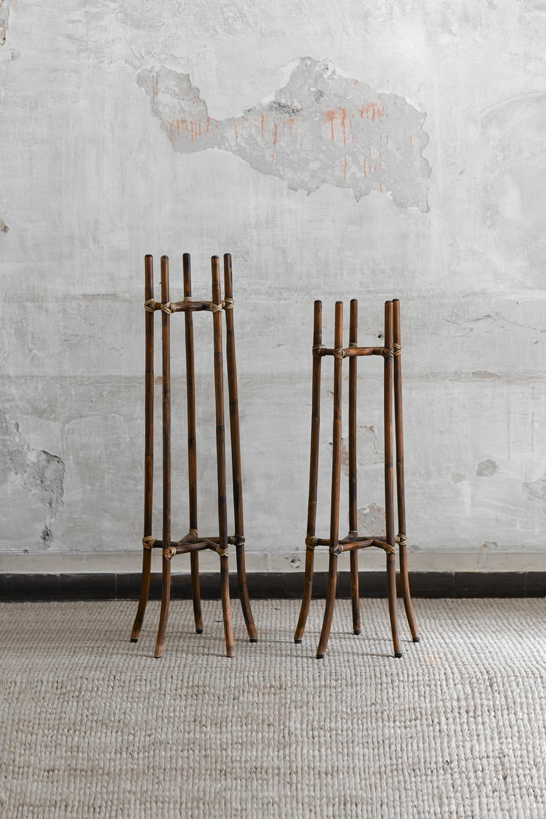 American Pair of rush vase holders with leather bindings, McGuire San Francisco 1970