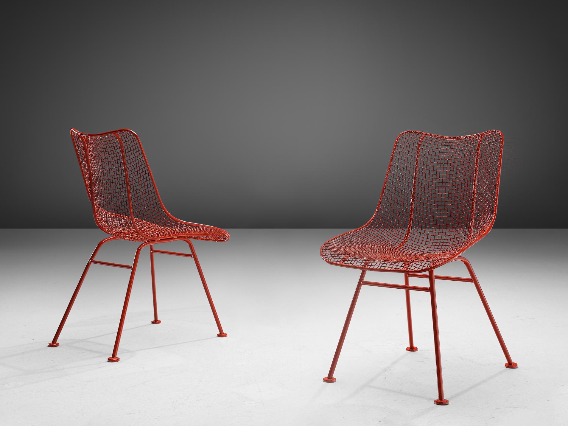 Russell Woodard, 'Sculptura' patio chairs, iron, red lacquer, United States, 1950s.

These 'Sculptura' patio chairs, which can be used as dining chairs as well, are in iron and woven steel. The intertwined steel creates a mesh and creates a linear