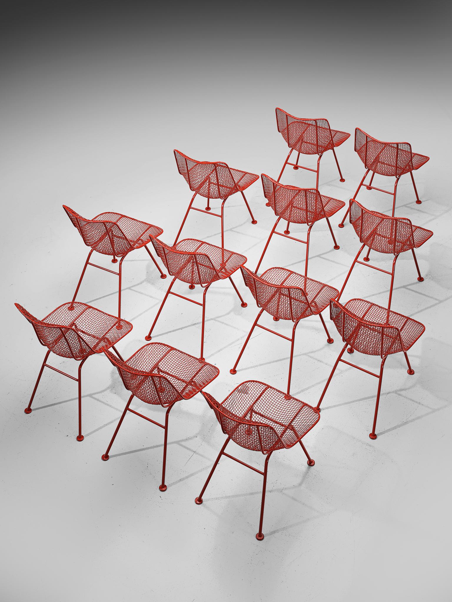 Steel Pair of Russall Woodard Red Coated 'Sculptura' Patio Chairs