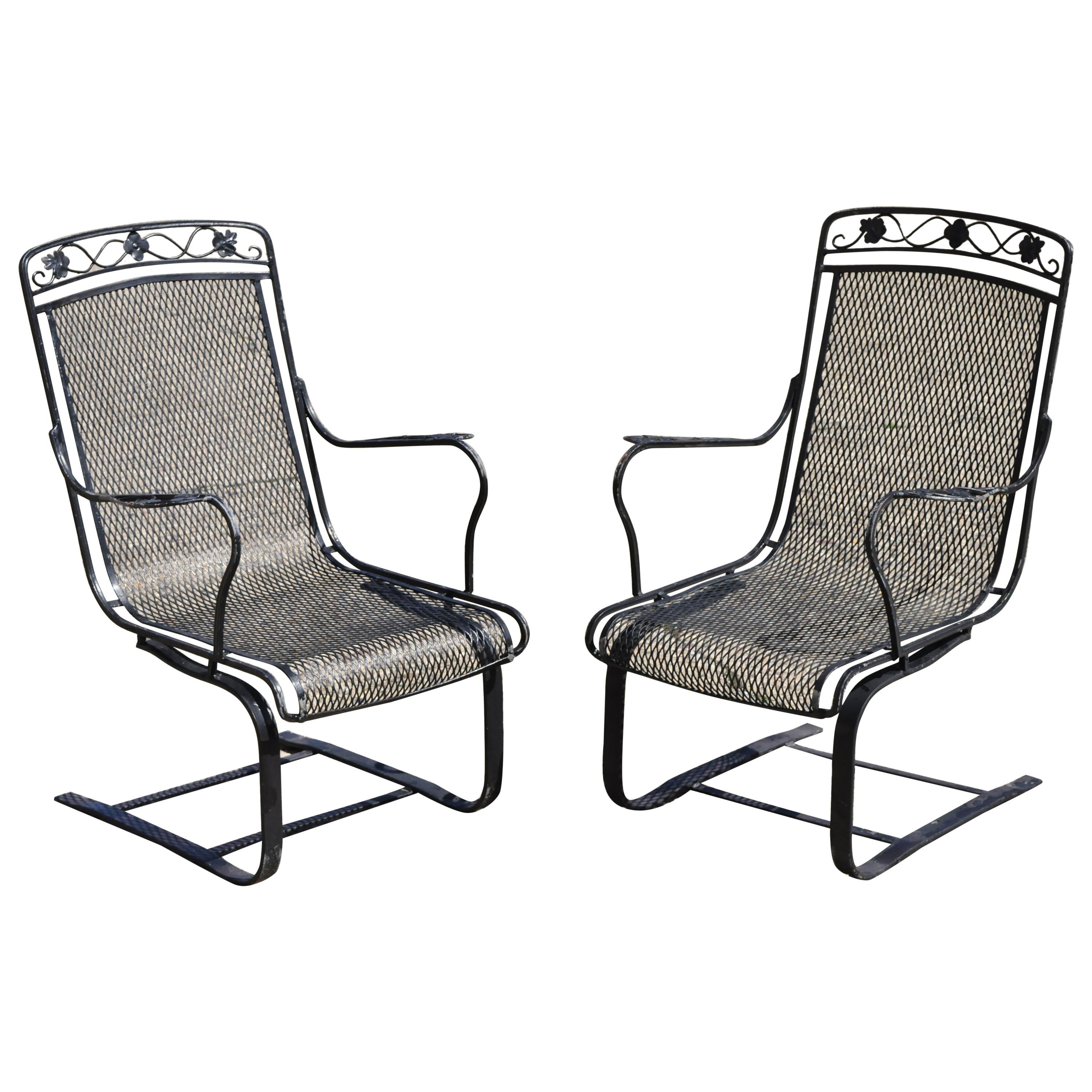 Pair of Russel Woodard Wrought Iron Patio Bouncer Lounge Armchair Maple Leaf