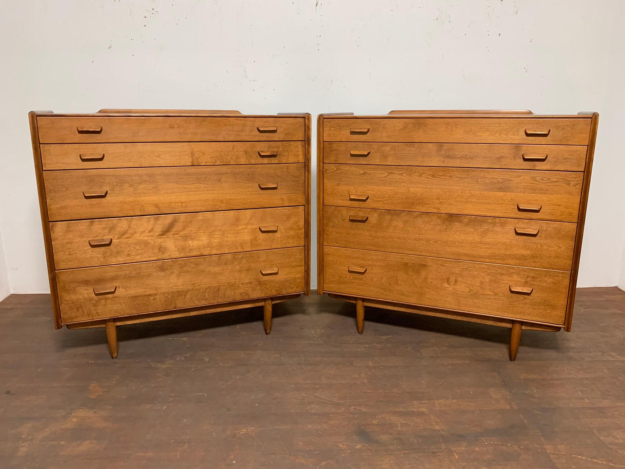 Mid-20th Century Pair of Russel Wright for Conant Ball Five Drawer Dressers Circa 1950s