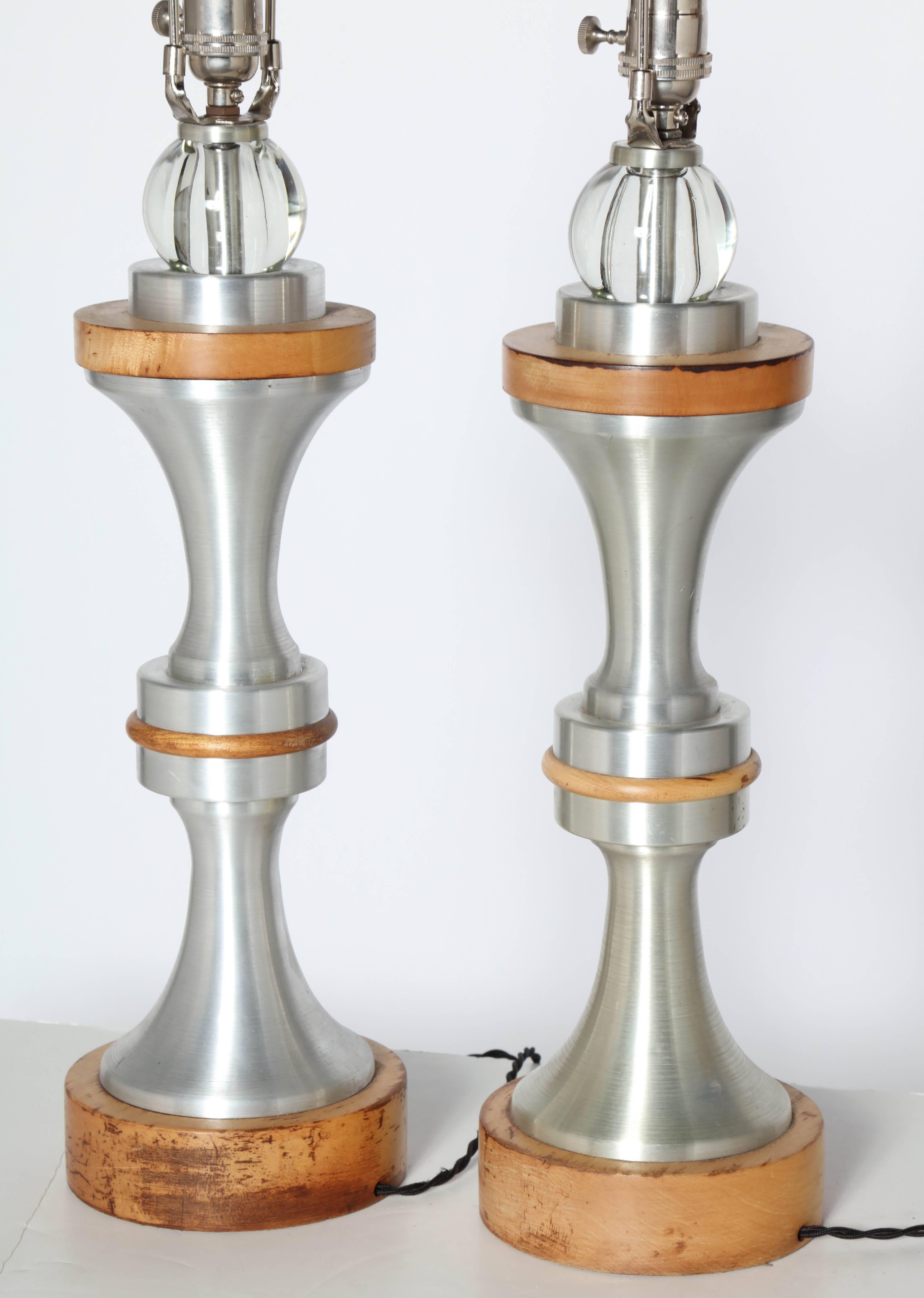 Pair of Russel Wright Spun Aluminum, Maple and Crystal Ball Table Lamps, 1950s 2
