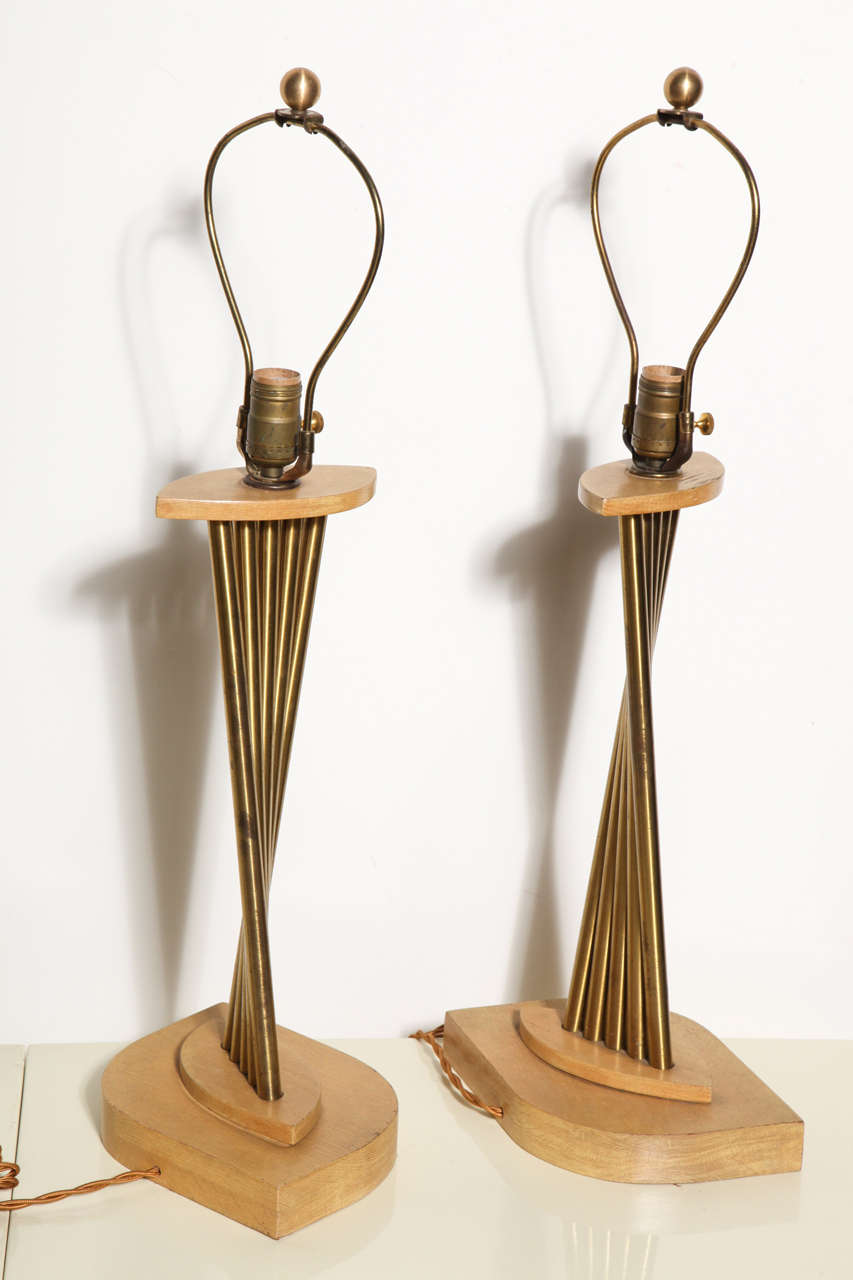Pair of Russel Wright Style Bleached Oak & Brass Accordion Table Lamps, 1950s For Sale 5