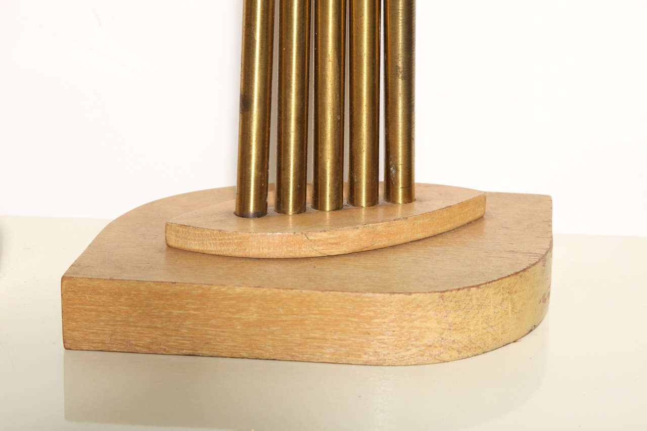 Pair of Russel Wright Style Bleached Oak & Brass Accordion Table Lamps, 1950s For Sale 3