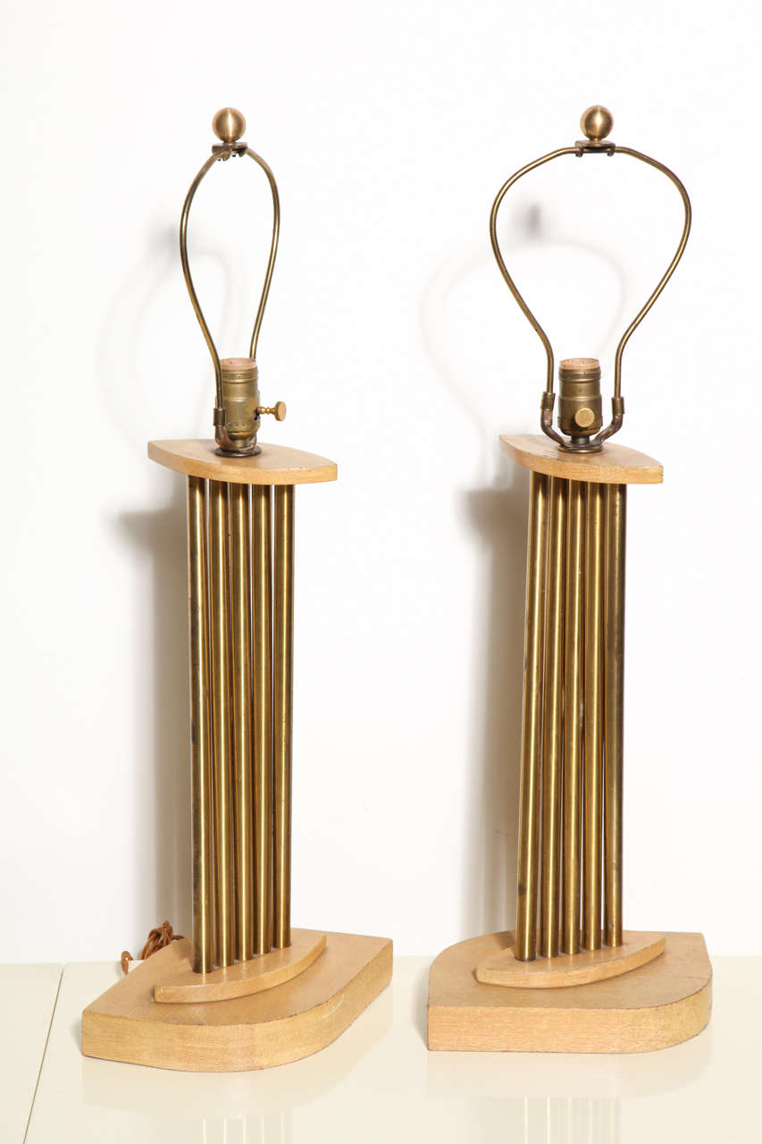 American Pair of Russel Wright Style Bleached Oak & Brass Accordion Table Lamps, 1950s For Sale
