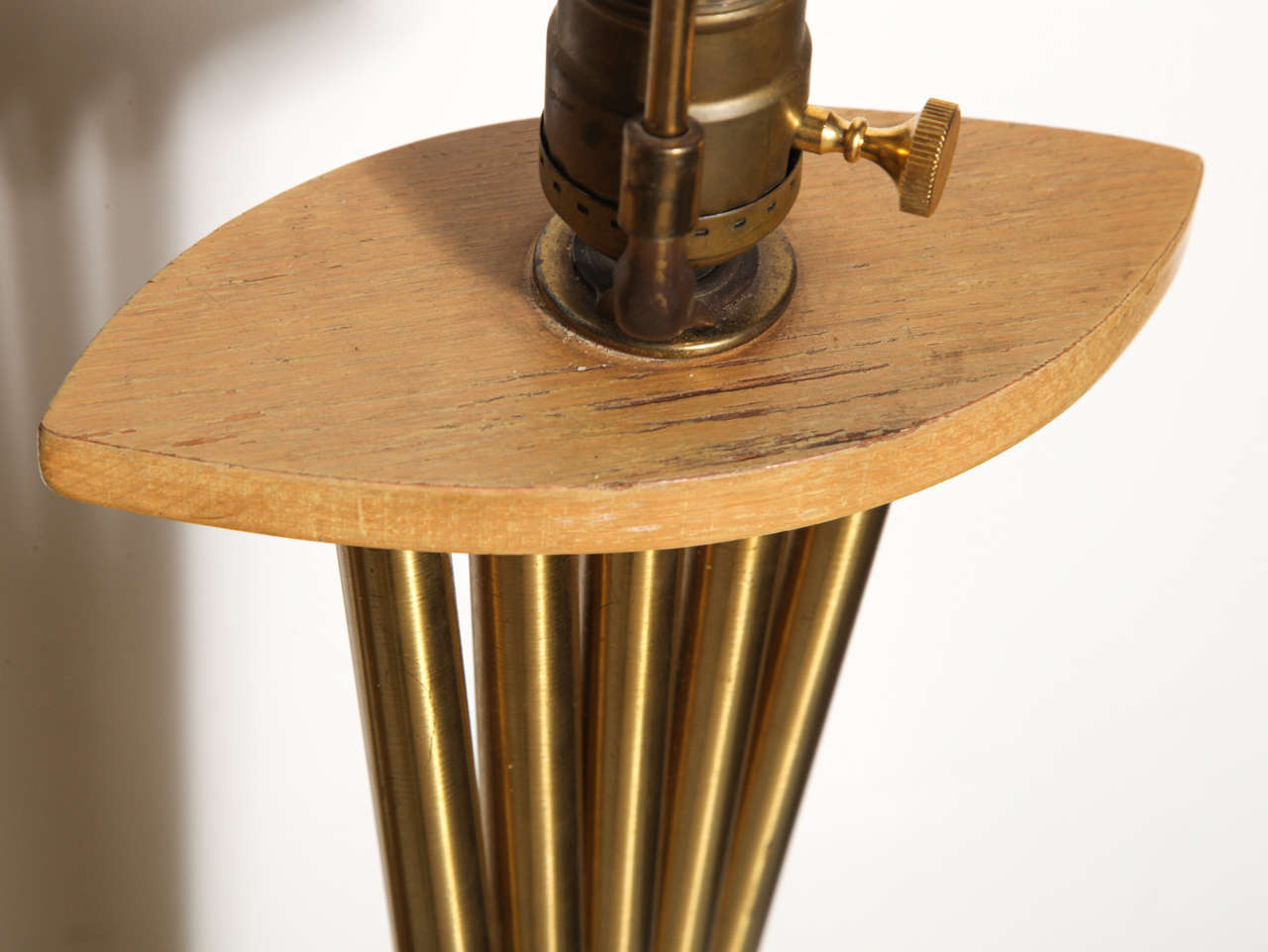 Pair of Russel Wright Style Bleached Oak & Brass Accordion Table Lamps, 1950s For Sale 1