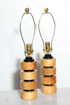 Pair of Russel Wright Style Machine Age Stacked Maple and Black Bedside Lamps