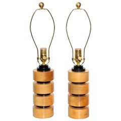 Vintage Pair of Russel Wright Style Machine Age Stacked Maple and Black Bedside Lamps