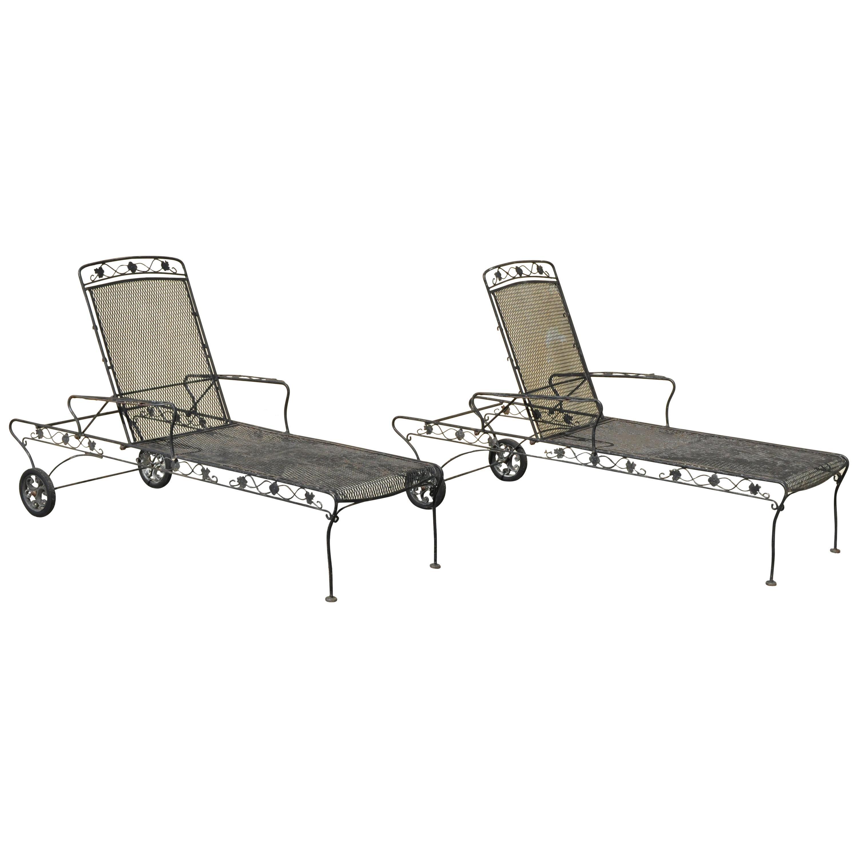 Pair of Russell Woodard Patio Garden Reclining Wrought Iron Chaise Lounge Chairs