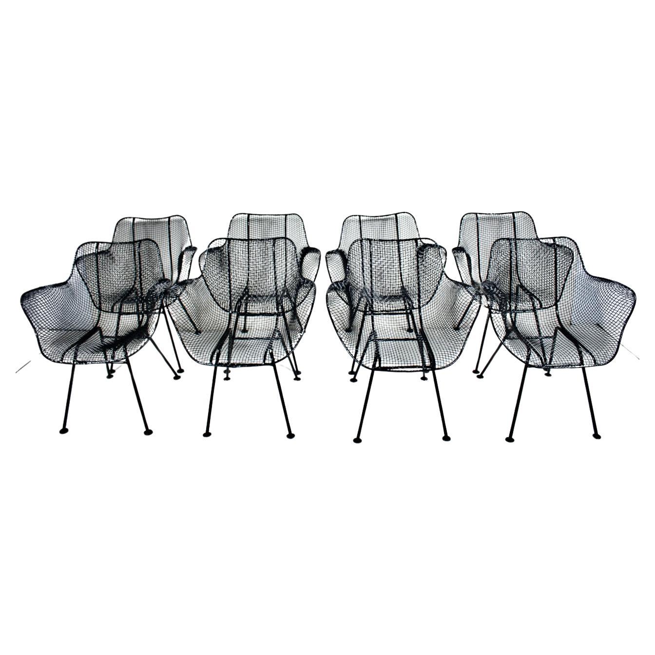 Set of 8 Russell Woodard "Sculptura" Black Iron Mesh Dining Armchairs, 1950s