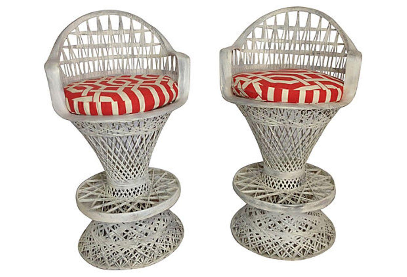 Mid-Century Pair Of American Russell Woodard designed spun fiberglass bar stools, painted in a grey wash white. Includes a pair of new indoor outdoor orange and white geometric fabric slip cover cushions. Fabric is machine wash with zippers for easy
