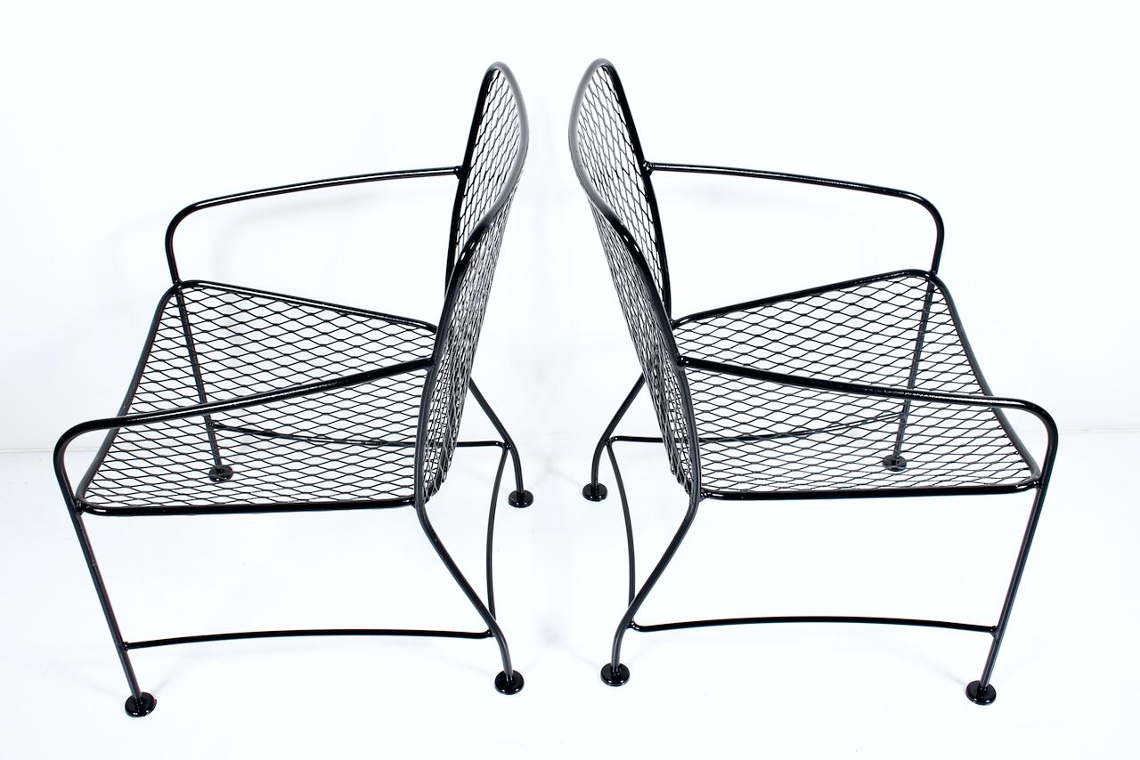 American Pair of Russell Woodard Style Black Wrought Iron Lounge Chairs, 1960's For Sale