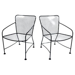Antique Pair of Russell Woodard Style Black Wrought Iron Lounge Chairs, 1960's