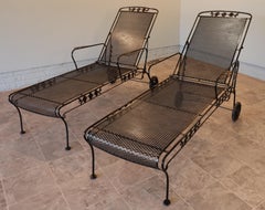 Pair of Russell Woodard Wrought Iron Chaise Lounges, Floral Crest, 1955–1965