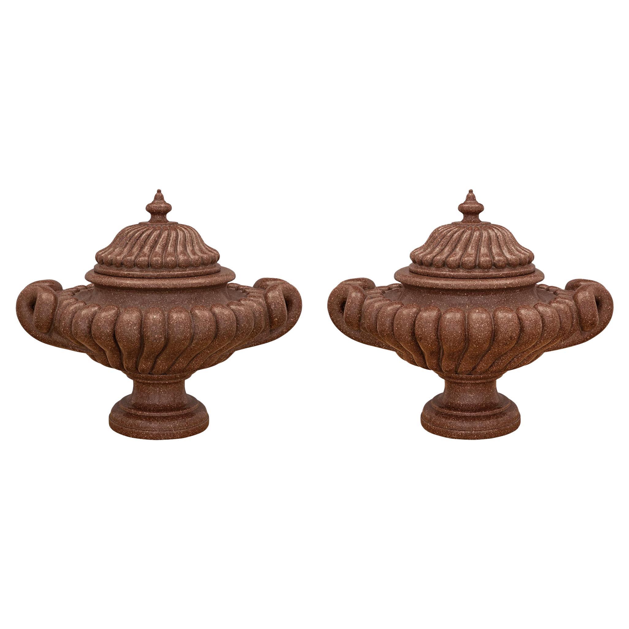 Pair of Russian 19th Century Neo-Classical St. Imperial Porphyry Lidded Urns For Sale