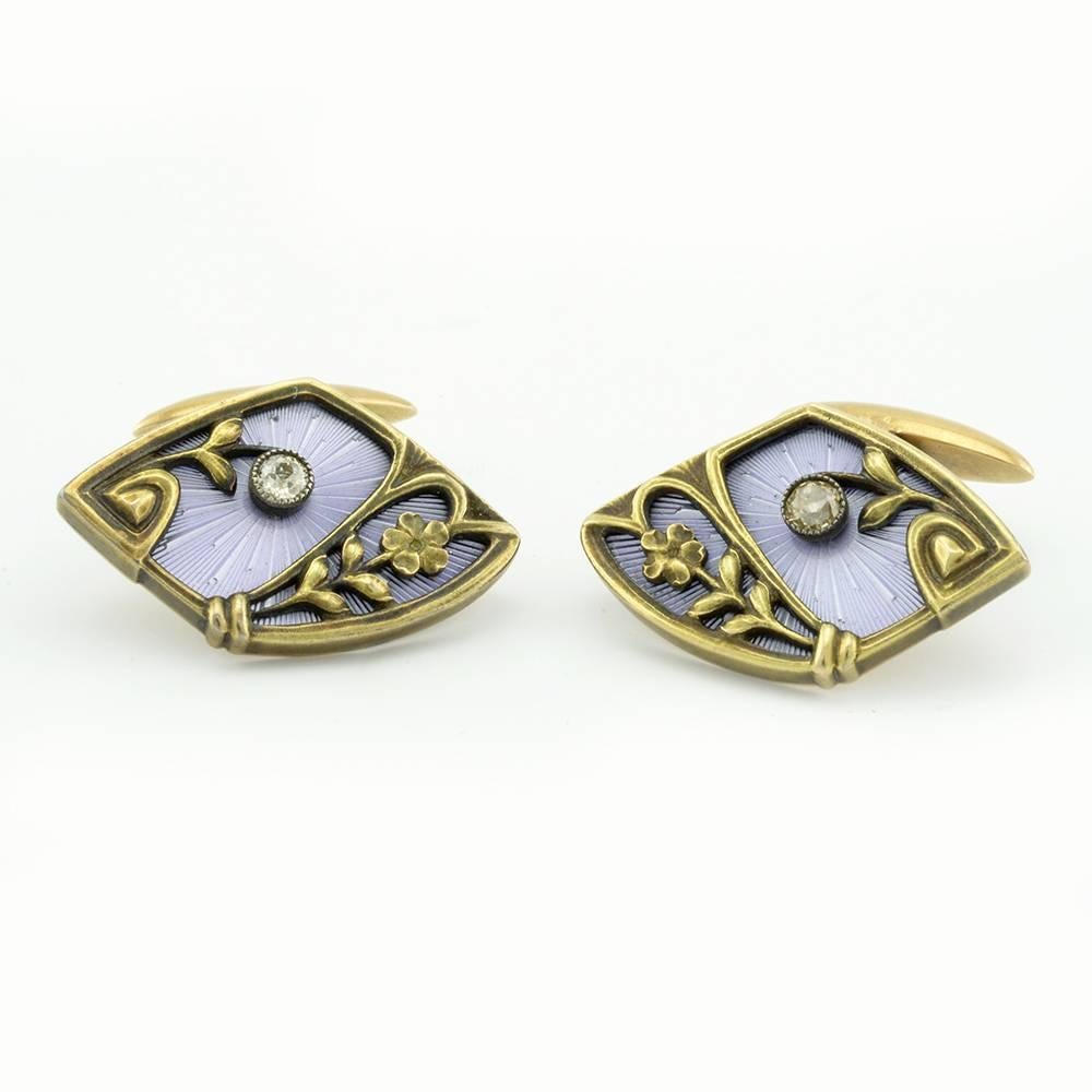 Art Nouveau Pair of Russian Antique Gold, Guilloché Enamel and Diamond Cufflinks