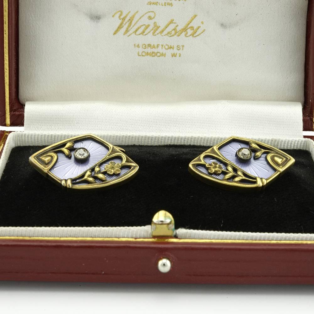 Pair of Russian Antique Gold, Guilloché Enamel and Diamond Cufflinks In Good Condition In Redmond, WA
