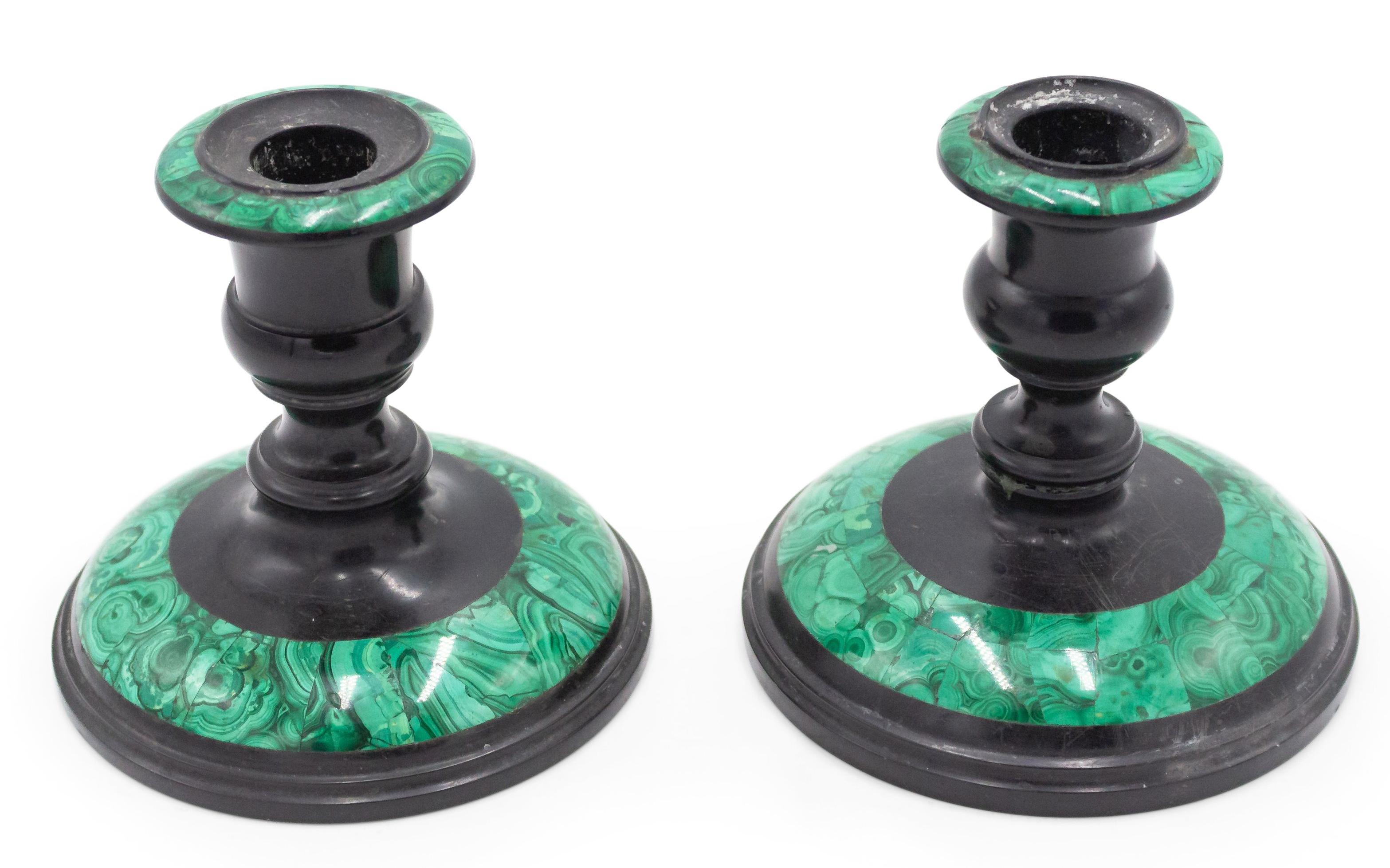 Inlay Pair of Russian Black Marble and Malachite Candleholders For Sale