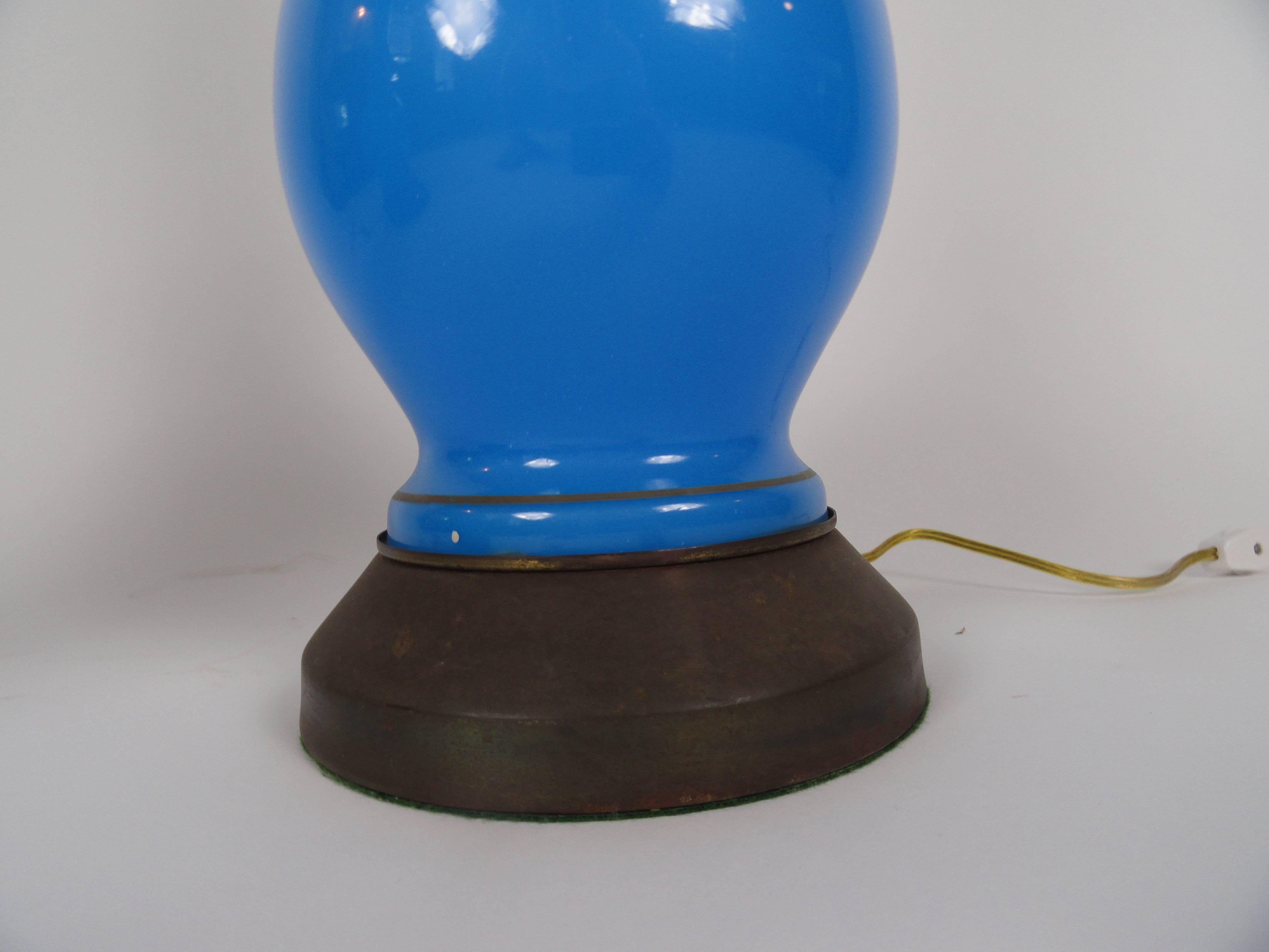 Metal Pair of Russian Blue Opaline Lamps For Sale